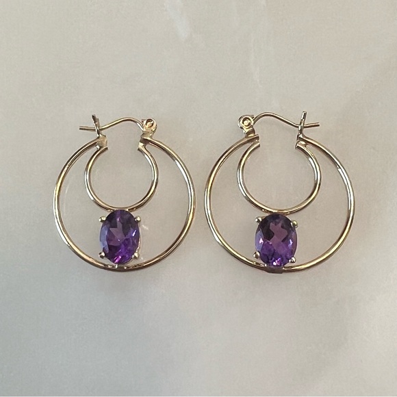 14k Solid Gold Amethyst Double Hoop  Earrings - Picture 1 of 15
